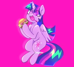 Size: 1018x925 | Tagged: safe, artist:sillyp0ne, derpibooru import, twilight sparkle, twilight sparkle (alicorn), alicorn, pony, g4, bangs, bright background, burger, colored eyelashes, cute, drool, eye clipping through hair, eyelashes, female, food, hay burger, heart tongue, hoof hold, horn, long mane, long tail, looking at something, mare, multicolored mane, multicolored tail, open mouth, open smile, partially open wings, pink background, purple coat, purple eyelashes, purple eyes, saturated, shiny mane, shiny tail, simple background, smiling, solo, sparkly eyes, starry eyes, straight mane, straight tail, tail, teeth, that pony sure does love burgers, three toned mane, three toned tail, twiabetes, twilight burgkle, unicorn horn, wall of tags, watermark, wingding eyes, wings