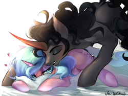 Size: 1080x810 | Tagged: safe, artist:unclechai, derpibooru import, king sombra, radiant hope, crystal pony, pony, unicorn, g4, bed, duo, duo male and female, female, horn, male, pillow, romantic, ship:hopebra, shipping, straight