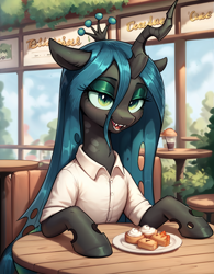 Size: 1200x1536 | Tagged: safe, ai content, derpibooru import, generator:pony diffusion v6 xl, generator:stable diffusion, machine learning generated, queen chrysalis, changeling, changeling queen, g4, cafe, clothes, female, food, hooves on the table, open mouth, open smile, prompter:thelight3d, shirt, sitting, sitting at table, smiling, solo, table