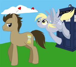 Size: 906x797 | Tagged: safe, artist:reidavidson, derpibooru import, derpy hooves, doctor whooves, earth pony, pegasus, pony, g4, cloud, doctor who, doctorderpy, duo, duo male and female, female, floating heart, heart, male, old art, shipping, straight, tardis