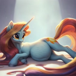 Size: 1024x1024 | Tagged: safe, ai content, derpibooru import, machine learning assisted, machine learning generated, sassy saddles, pony, unicorn, g4, belly, big belly, female, floor, horn, light, lying, lying down, lying on the floor, mare, on floor, on side, prompter:jaguarcalamitydejv, solo