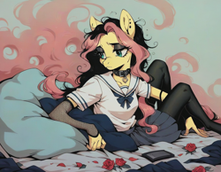 Size: 1152x896 | Tagged: safe, ai content, derpibooru import, generator:pony diffusion v6 xl, generator:stable diffusion, machine learning generated, fluttershy, anthro, g4, bed, black hair, cellphone, clothes, collar, dyed mane, emoshy, flower, phone, pillow, prompt in description, prompter:kopaleo, rose, school uniform, smartphone, solo, tired