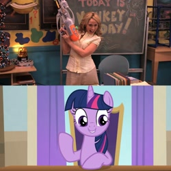 Size: 2160x2160 | Tagged: safe, derpibooru import, edit, edited screencap, screencap, twilight sparkle, twilight sparkle (alicorn), alicorn, human, pony, g4, big time rush, duo, duo female, female, irl, miss collins, photo, school of friendship, tara strong, twilight's office, voice actor joke