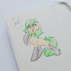 Size: 1278x1280 | Tagged: safe, artist:amishy, derpibooru import, oc, oc only, pony, unicorn, chest fluff, clothes, colored pencil drawing, dialogue, ears back, female, horn, latex, latex socks, mare, open mouth, open smile, smiling, socks, solo, speech bubble, traditional art