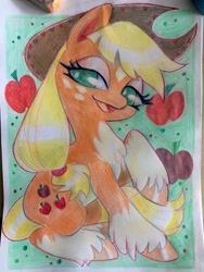 Size: 2736x3648 | Tagged: safe, artist:radfrankie, derpibooru import, applejack, earth pony, pony, g4, apple, coat markings, female, food, high res, lidded eyes, mare, open mouth, open smile, pale belly, sitting, smiling, socks (coat marking), solo, traditional art, unshorn fetlocks