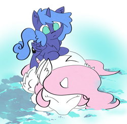 Size: 2711x2657 | Tagged: safe, artist:ponny, derpibooru import, princess celestia, princess luna, alicorn, pony, g4, cewestia, colored, duo, duo female, female, filly, foal, lying down, prone, sleeping, snow, woona, younger