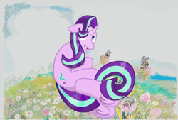 Size: 1550x1050 | Tagged: safe, artist:tiska, derpibooru import, starlight glimmer, bee, pony, unicorn, g4, bumblebee, clover, female, flower, grass, horn, mare, solo