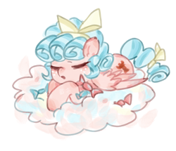 Size: 1552x1332 | Tagged: safe, artist:蜀灰, derpibooru import, cozy glow, pegasus, pony, g4, candy, cloud, eyes closed, female, filly, foal, food, lying down, lying on a cloud, on a cloud, open mouth, simple background, sleeping, solo, white background