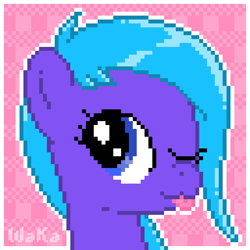 Size: 640x640 | Tagged: safe, artist:elwakaz, derpibooru import, oc, oc only, pony, :p, bust, digital art, icon, one eye closed, passepartout, pixel art, portrait, smiling, solo, tongue, tongue out, wink