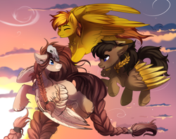 Size: 4355x3444 | Tagged: safe, artist:2pandita, derpibooru import, oc, oc only, oc:ondrea, pegasus, pony, braid, braided tail, cloud, eyes closed, female, flying, jewelry, looking at each other, looking at someone, looking back, mare, necklace, pegasus oc, skull, sky, sun, tail, trio, wings