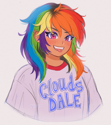 Size: 1829x2048 | Tagged: safe, artist:strawbee_fox, derpibooru import, rainbow dash, human, g4, :p, blushing, clothes, cloudsdale, cute, dashabetes, ear piercing, earring, female, humanized, jewelry, piercing, shirt, smiling, solo, tongue, tongue out, tongue piercing, watermark