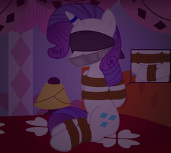 Size: 2000x1786 | Tagged: safe, artist:cardshark777, derpibooru import, rarity, pony, unicorn, g4, bed, blindfold, bondage, bound and gagged, damsel in distress, dark, digital art, duct tape, female, gag, helpless, hooves behind back, horn, horn ring, lamp, magic suppression, mare, panel, pillar, rarity's bedroom, ring, rope, rope bondage, ropes, sitting, solo, tape, tape gag, tied up