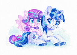 Size: 1663x1200 | Tagged: safe, artist:maytee, derpibooru import, princess flurry heart, shining armor, alicorn, pony, unicorn, g4, colored pencil drawing, commission, duo, duo male and female, equestria's best father, father and child, father and daughter, female, horn, looking at each other, looking at someone, looking back, lying down, male, open mouth, open smile, parent and child, prone, smiling, smiling at each other, traditional art