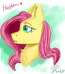 Size: 2700x3090 | Tagged: safe, artist:deadsmoke, derpibooru import, fluttershy, pegasus, g4, bust, chest fluff, colored eyebrows, colored eyelashes, female, looking sideways, mare, portrait, simple background