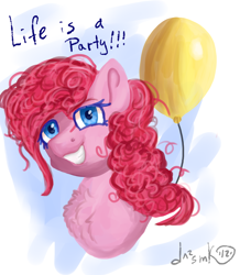 Size: 2700x3090 | Tagged: safe, artist:deadsmoke, derpibooru import, pinkie pie, g4, balloon, colored eyebrows, colored eyelashes, curly hair, female, looking at you, mare, simple background, smiling