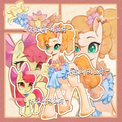 Size: 2000x2000 | Tagged: safe, artist:长海, derpibooru import, apple bloom, pear butter, earth pony, pony, g4, clothes, female, filly, floral necklace, flower, foal, grin, mare, mother and child, mother and daughter, open mouth, parent and child, shirt, smiling, text, unshorn fetlocks