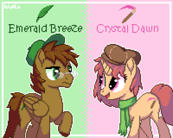 Size: 600x480 | Tagged: safe, artist:elwakaz, derpibooru import, oc, oc only, oc:crystal dawn, oc:emerald breeze, earth pony, pegasus, pony, unicorn, digital art, duo, duo male and female, female, horn, male, pixel art, raised hoof, raised leg, smiling, stallion