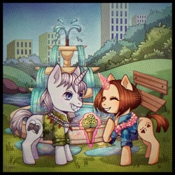 Size: 1280x1280 | Tagged: safe, artist:floryka, derpibooru import, oc, oc only, oc:munesi arcana, oc:sengo arcana, pony, unicorn, alternate universe, brother and sister, chibi, city, cutie mark, female, food, fountain, horn, ice cream, male, manehattan, siblings, summer, unicorn oc, water