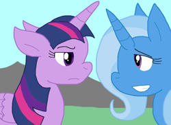 Size: 1152x838 | Tagged: safe, artist:cmara, derpibooru import, trixie, twilight sparkle, twilight sparkle (alicorn), alicorn, pony, unicorn, g4, duo, duo female, female, grin, horn, looking at you, nervous, nervous smile, smiling, twilight sparkle is not amused, unamused