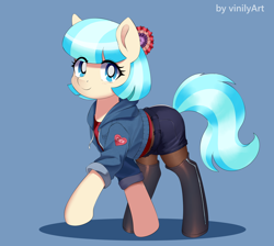 Size: 2198x1966 | Tagged: safe, artist:vinilyart, derpibooru import, coco pommel, earth pony, pony, g4, blue background, boots, clothes, cocobetes, cute, female, looking at you, mare, shoes, simple background, solo, stockings, thigh highs