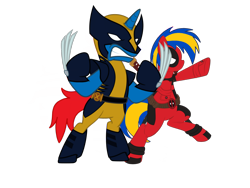 Size: 2048x1536 | Tagged: safe, artist:mlpfan3991, artist:ry-bluepony1, derpibooru import, oc, oc only, oc:flare spark, oc:train track, pegasus, unicorn, g4, deadpool, duo, horn, marvel, simple background, transparent background, vector, wolverine