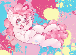 Size: 1955x1414 | Tagged: safe, artist:kurogewapony, derpibooru import, pinkie pie, earth pony, pony, g4, blushing, female, looking at you, lying down, mare, on back, paint splatter, smiling, smiling at you, solo, underhoof