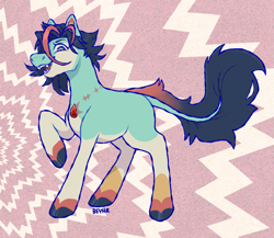 Size: 1287x1119 | Tagged: safe, artist:beyhr, derpibooru import, oc, oc only, oc:opto, earth pony, pony, artfight, blank flank, blue coat, blue eyes, blue text, body scar, coat markings, colored belly, colored eyebrows, colored fetlocks, colored hooves, colored legs, earth pony oc, eye markings, eyelashes, facial markings, fangs, fluffy mane, fluffy tail, gem, gift art, gradient tail, gray hooves, gray tail, hooves, light blue coat, long tail, looking down, male, male oc, neck scar, open mouth, open smile, pale belly, patterned background, ponified, ponified oc, raised hoof, raised leg, scar, shiny mane, signature, smiling, socks (coat marking), solo, species swap, stallion oc, standing, standing on three hooves, tail, text, thin tail, turquoise coat, two toned eyes, two toned mane, two toned tail, wall of tags, white belly