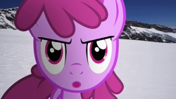 Size: 1280x720 | Tagged: safe, artist:stormxf3, derpibooru import, screencap, berry punch, berryshine, earth pony, pony, angry, background pony, female, irl, looking at you, mare, mountain, o mouth, photo, ponies in real life, snow, solo, youtube link