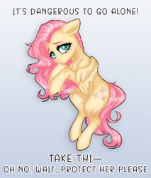 Size: 1638x1926 | Tagged: safe, artist:murny, derpibooru import, fluttershy, pegasus, pony, g4, blushing, cute, digital art, female, gradient background, it's dangerous to go alone, looking at you, mare, meme, shy, solo