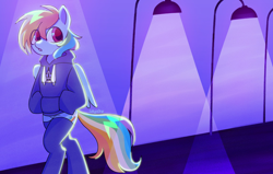 Size: 2048x1303 | Tagged: safe, artist:sillyp0ne, derpibooru import, rainbow dash, pegasus, pony, semi-anthro, g4, backlighting, backwards cutie mark, big eyes, bill cipher, bipedal, blue hoodie, blue socks, clothes, colored eyelashes, colored pupils, eye clipping through hair, featureless crotch, female, folded wings, frown, gravity falls, hoodie, hooves in pockets, long socks, looking back, mare, night, outdoors, purple eyelashes, purple pupils, shiny mane, shiny tail, signature, socks, solo, streetlight, thigh highs, walking, wings