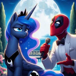 Size: 1024x1024 | Tagged: safe, ai content, derpibooru import, generator:bing image creator, generator:dall-e 3, machine learning generated, princess luna, alicorn, human, pony, g4, annoyed, clothes, crossover, deadpool, duo, garden, marvel, microphone, moon, prompter:mraquino, tuxedo