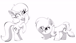 Size: 8309x4733 | Tagged: safe, artist:scandianon, derpibooru import, black and white, derp, female, filly, foal, grayscale, hoof on chin, monochrome, rearing, simple background, tongue, tongue out, wall eyed, white background