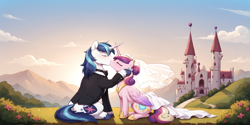 Size: 2400x1200 | Tagged: safe, ai content, derpibooru import, machine learning generated, princess cadance, shining armor, alicorn, pony, unicorn, castle, clothes, dress, duo, duo male and female, female, horn, hug, kissing, male, prompter:greesys, scenery, shiningcadance, shipping, straight, sun, tuxedo, wedding dress