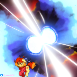 Size: 3070x3070 | Tagged: safe, artist:juniverse, derpibooru import, oc, oc only, oc:juniverse, colored, explosion, female, kilonova, neutron star, sleepy, solar form, solo