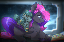 Size: 2640x1716 | Tagged: safe, artist:witchtaunter, derpibooru import, oc, oc only, oc:slipspace perigee, oc:star lily, bat pony, pony, bed, book, duo, duo female, female, filly, foal, glowing, glowing mane, glowing tail, lying down, mother, mother and child, mother and daughter, offspring, parent and child, planet, reading, riding, riding a pony, sleeping, space, spaceship, stars, tail