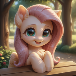 Size: 1280x1280 | Tagged: safe, ai content, derpibooru import, generator:stable diffusion, machine learning generated, fluttershy, pegasus, pony, g4, adorable face, bench, cheek fluff, chest fluff, cute, daaaaaaaaaaaw, detailed, ear fluff, ears, female, filly, filly fluttershy, fluffy, foal, generator:bluefox mix, happy, hoof fluff, looking at you, mare, open mouth, open smile, prompter:adorablebluefox, shyabetes, smiling, smiling at you, solo, tree, weapons-grade cute, younger