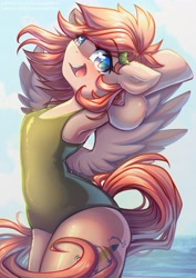 Size: 2896x4096 | Tagged: safe, artist:chaosangeldesu, derpibooru import, oc, oc only, pegasus, semi-anthro, arm behind head, bipedal, clothes, commission, female, mare, one-piece swimsuit, open mouth, open smile, smiling, solo, swimsuit, ych result