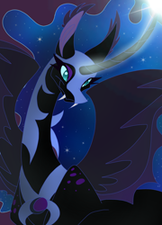 Size: 1628x2264 | Tagged: safe, artist:rendoesstufff, derpibooru import, nightmare moon, alicorn, pony, bust, curved horn, ear fluff, ears, fangs, female, glowing, glowing horn, helmet, horn, mare, night, solo, spread wings, wings