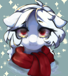 Size: 3578x4000 | Tagged: safe, artist:flutterbutt, derpibooru import, oc, oc only, oc:snowflake warm, pony, bust, clothes, light skin, portrait, present, red eyes, scarf, solo