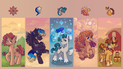 Size: 3840x2160 | Tagged: safe, artist:alex6886, derpibooru import, oc, oc only, oc:beauty gaze, oc:cosmic star, oc:cotton bloom, oc:honey drops, oc:sunday breeze, bee, earth pony, insect, pegasus, pony, unicorn, bandana, barn, blue eyes, bracelet, brown eyes, cloud, coat markings, colored wings, crystal, detailed background, female, food, forest, gem, green eyes, honey, horn, jewelry, magic, male, mare, mountain, multicolored hair, multicolored mane, multicolored wings, multiple characters, multiple cutie marks, nature, open mouth, orange coat, orange mane, orchard, pink coat, pink mane, socks (coat marking), spread wings, stallion, telekinesis, tree, unshorn fetlocks, vitiligo, wings, yellow coat