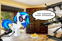 Size: 600x400 | Tagged: safe, artist:epicheavytf2, artist:pyrogaming, derpibooru import, dj pon-3, vinyl scratch, pony, unicorn, g4, absolutenutcase162, cheese, door, female, flamethrower, food, gun, horn, house, imminent death, interior, mare, meme, plate, rocket launcher, shitposting, smiling, solo, speech bubble, team fortress 2, this will end in death, this will end in tears, this will end in tears and/or death, turret, vinyl's glasses, weapon, wrong aspect ratio