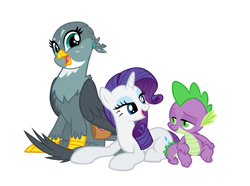 Size: 2597x1929 | Tagged: safe, derpibooru import, edit, editor:proto29, gabby, rarity, spike, dragon, griffon, pony, unicorn, g4, age difference, female, horn, male, ship:spabby, shipping, simple background, sparity, spike gets all the mares, straight, trio, white background, winged spike, wings