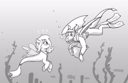 Size: 3700x2400 | Tagged: safe, artist:captainhoers, derpibooru import, oc, oc only, dragon, sea pony, seapony (g4), bubble, coral, crepuscular rays, dorsal fin, duo, ears, female, fin, fin wings, fins, fish tail, floppy ears, flowing mane, flowing tail, jewelry, mare, necklace, ocean, pearl necklace, question mark, scales, scuba diving, scuba gear, seaweed, sunlight, swimming, tail, underwater, water, wings