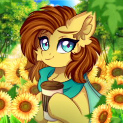 Size: 3500x3500 | Tagged: safe, artist:stesha, derpibooru import, oc, oc only, oc:yuris, pegasus, pony, clothes, coffee, flower, looking at you, scarf, smiling, smiling at you, solo, sunflower, trade, tree