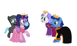 Size: 1204x720 | Tagged: safe, artist:brightstar40k, derpibooru import, twilight sparkle, twilight sparkle (alicorn), twilight velvet, alicorn, earth pony, pony, unicorn, 14th century, grabbing, hoofgagged, horn, hostage, kidnapped, king and queen, middle ages, nightlight, princess aurora, simple background, sleeping beauty, white background