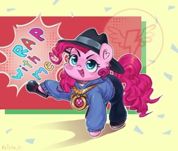 Size: 2100x1784 | Tagged: safe, artist:krista-21, derpibooru import, pinkie pie, earth pony, pony, g4, clock, clothes, hat, hoodie, hoof hold, jewelry, looking at you, magnetic hooves, microphone, necklace, open mouth, open smile, rapper pie, signature, smiling, smiling at you, solo