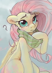 Size: 1500x2100 | Tagged: safe, artist:krista-21, derpibooru import, fluttershy, pegasus, pony, g4, blushing, clothes, female, frown, looking at you, mare, question mark, scarf, sitting, solo, striped scarf, wavy mouth