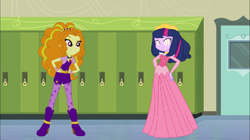 Size: 1100x618 | Tagged: safe, artist:brightstar40k, derpibooru import, adagio dazzle, twilight sparkle, human, equestria girls, g4, canterlot high, duo, duo female, female, hypno eyes, hypnosis, lockers, princess aurora, sleeping beauty