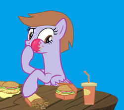 Size: 741x662 | Tagged: safe, artist:brightstar40k, derpibooru import, oc, oc only, oc:star glider, pegasus, pony, blue background, burger, drink, eating, food, hay burger, ketchup, onion horseshoes, sauce, simple background, solo