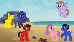 Size: 3840x2160 | Tagged: safe, artist:brightstar40k, derpibooru import, oc, oc only, oc:cherry blossom, oc:diamond hoof, oc:peach petals, oc:sky bolt, oc:star dream, oc:star glider, earth pony, pegasus, pony, unicorn, beach, horn, ocean, vacation, water